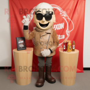 Tan Bottle Of Ketchup mascot costume character dressed with a Biker Jacket and Cufflinks