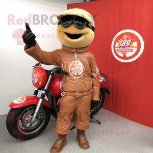 Tan Bottle Of Ketchup mascot costume character dressed with a Biker Jacket and Cufflinks