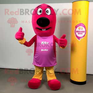 Magenta Hot Dog mascot costume character dressed with a Polo Shirt and Digital watches