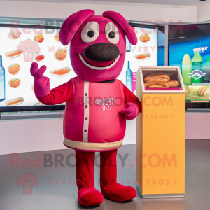 Magenta Hot Dog mascot costume character dressed with a Polo Shirt and Digital watches