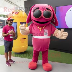 Magenta Hot Dog mascot costume character dressed with a Polo Shirt and Digital watches