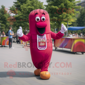 Magenta Hot Dog mascot costume character dressed with a Polo Shirt and Digital watches