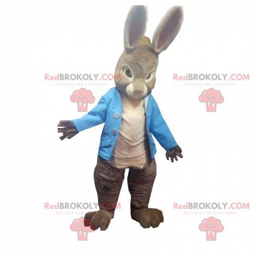 Mascote coelho marrom com orelhas grandes e colete azul -