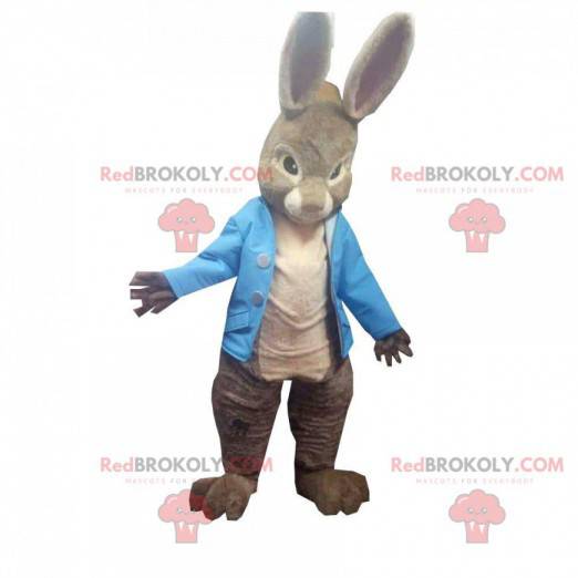 Mascotte de lapin marron aux grandes oreilles avec un gilet