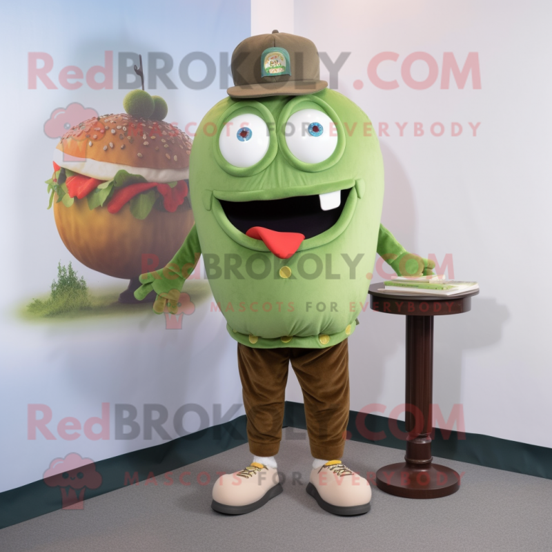Olive Burgers mascot costume character dressed with a Henley Tee and Shoe clips Olive Burgers mascot costume character dressed with a Henley Tee and Shoe clips