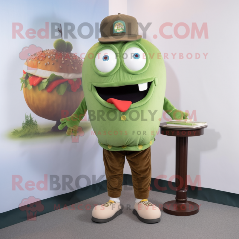 Olive Burgers mascot costume character dressed with a Henley Tee and Shoe clips