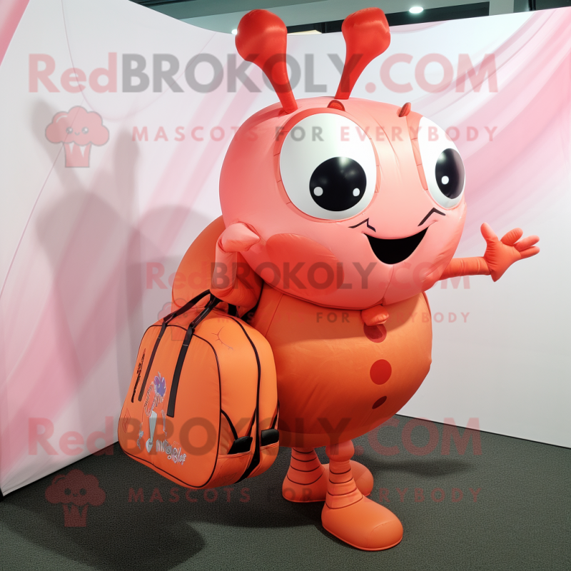 Peach Lobster mascot costume character dressed with a Pleated Skirt and Messenger bags