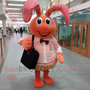 Peach Lobster mascot costume character dressed with a Pleated Skirt and Messenger bags