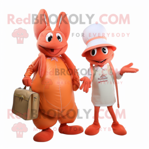 Peach Lobster mascot costume character dressed with a Pleated Skirt and Messenger bags
