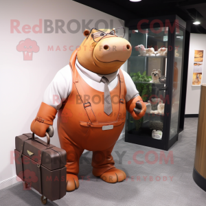 Rust Hippopotamus mascot costume character dressed with a Sheath Dress and Briefcases