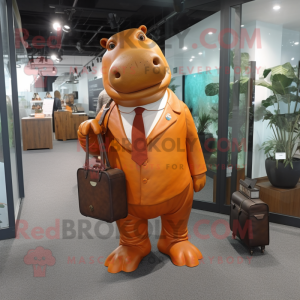 Rust Hippopotamus mascot costume character dressed with a Sheath Dress and Briefcases