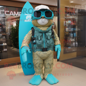 Turquoise Marine Recon mascot costume character dressed with a Board Shorts and Sunglasses