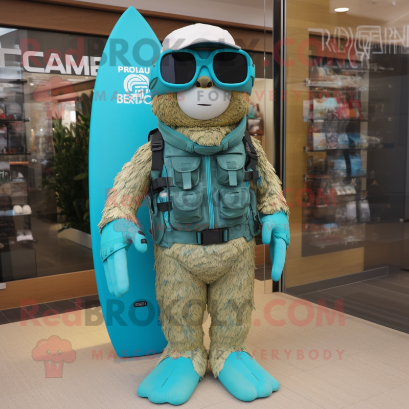 Turquoise Marine Recon mascot costume character dressed with a Board Shorts and Sunglasses Turquoise Marine Recon mascot costume character dressed with a Board Shorts and Sunglasses