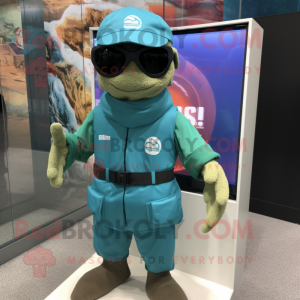 Turquoise Marine Recon mascot costume character dressed with a Board Shorts and Sunglasses