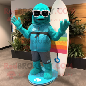 Turquoise Marine Recon mascot costume character dressed with a Board Shorts and Sunglasses