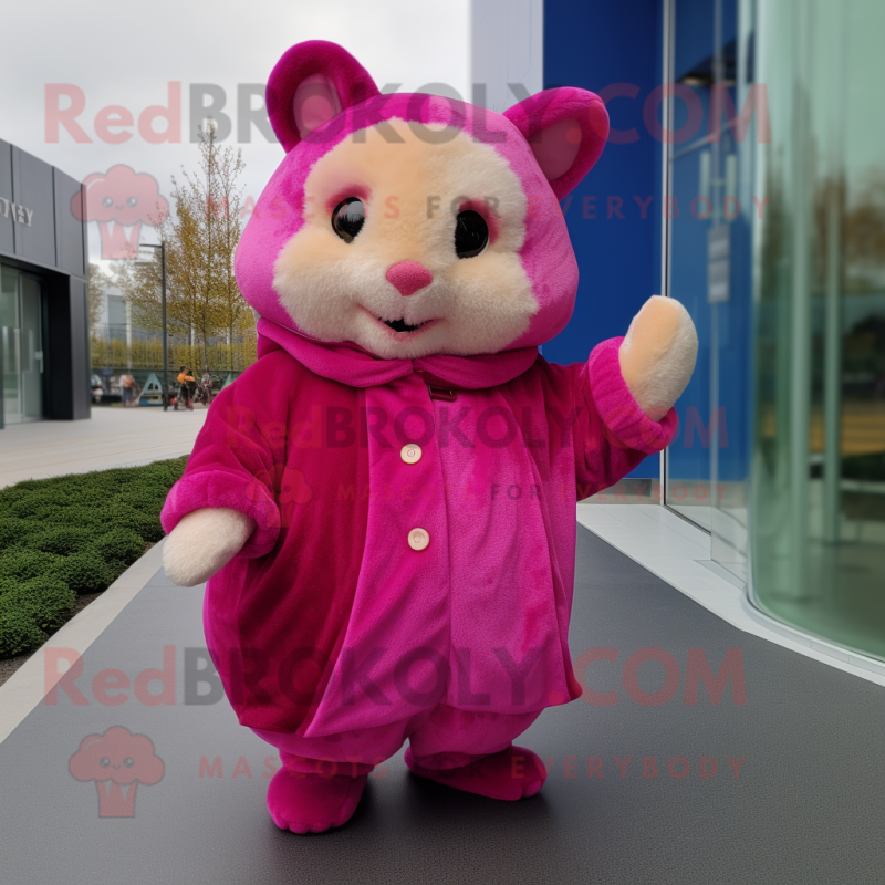 Magenta Hamster mascot costume character dressed with a Wrap Dress and Mittens