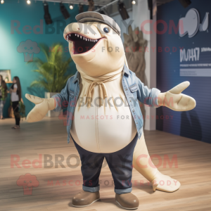 Beige Humpback Whale mascot costume character dressed with a Skinny Jeans and Necklaces