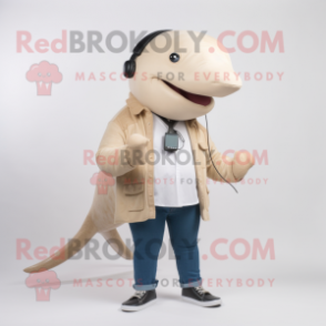 Beige Humpback Whale mascot costume character dressed with a Skinny Jeans and Necklaces