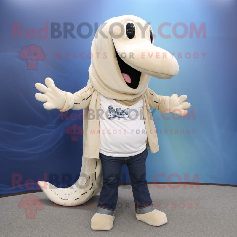 Beige Humpback Whale mascot costume character dressed with a Skinny Jeans and Necklaces