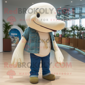 Beige Humpback Whale mascot costume character dressed with a Skinny Jeans and Necklaces