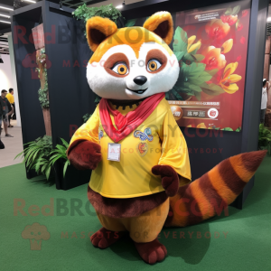 Lemon Yellow Red Panda mascot costume character dressed with a V-Neck Tee and Shawls