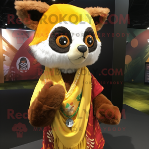 Lemon Yellow Red Panda mascot costume character dressed with a V-Neck Tee and Shawls