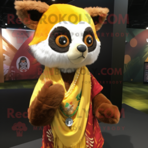 Lemon Yellow Red Panda mascot costume character dressed with a V-Neck Tee and Shawls