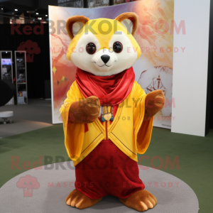 Lemon Yellow Red Panda mascot costume character dressed with a V-Neck Tee and Shawls