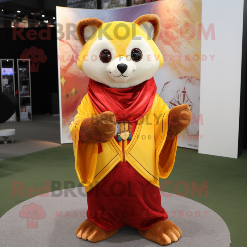 Lemon Yellow Red Panda mascot costume character dressed with a V-Neck Tee and Shawls Lemon Yellow Red Panda mascot costume character dressed with a V-Neck Tee and Shawls