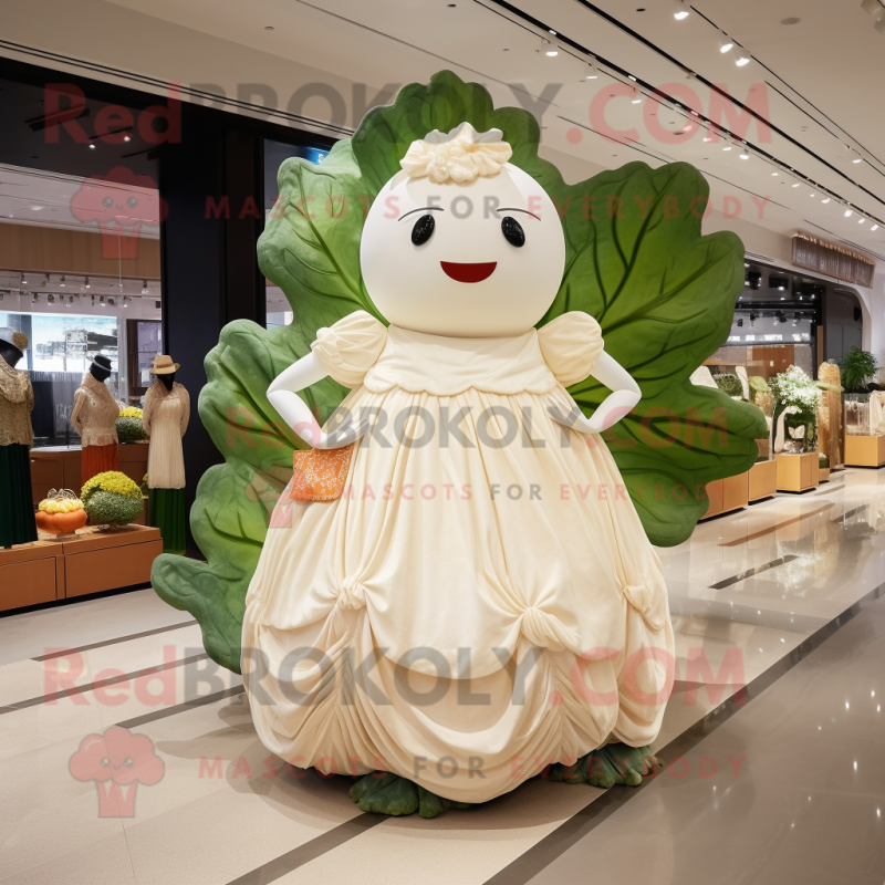 Peach Cabbage Leaf mascot costume character dressed with a Wedding Dress and Coin purses