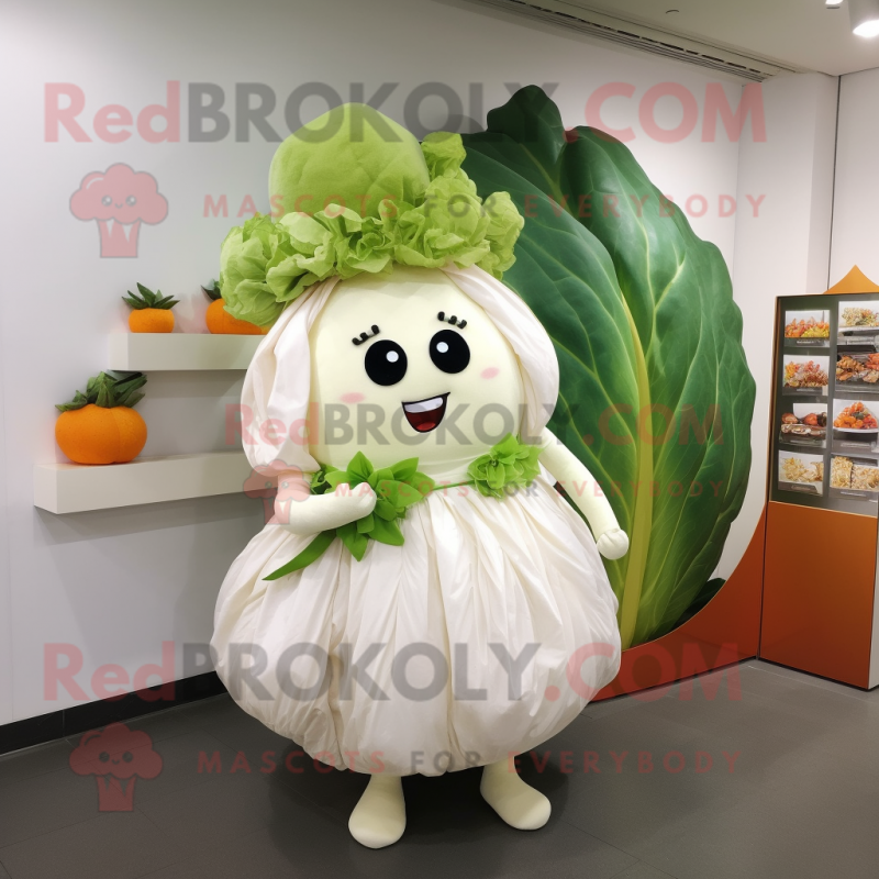 Peach Cabbage Leaf mascot costume character dressed with a Wedding Dress and Coin purses