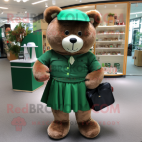 Forest Green Teddy Bear mascot costume character dressed with a Wrap Skirt and Wallets