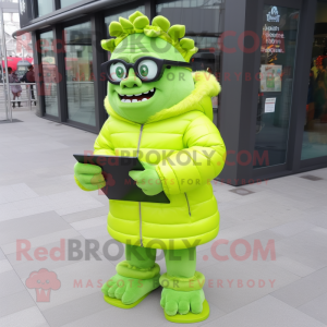 Lime Green Frankenstein mascot costume character dressed with a Parka and Reading glasses