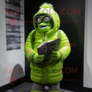 Lime Green Frankenstein mascot costume character dressed with a Parka and Reading glasses