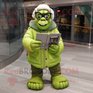 Lime Green Frankenstein mascot costume character dressed with a Parka and Reading glasses