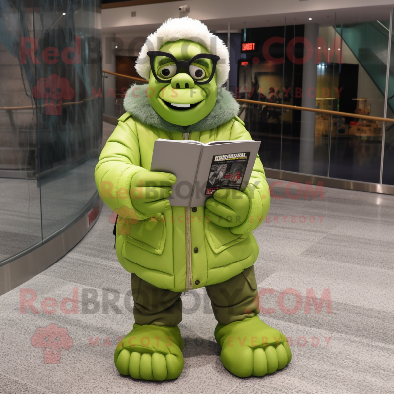 Lime Green Frankenstein mascot costume character dressed with a Parka and Reading glasses