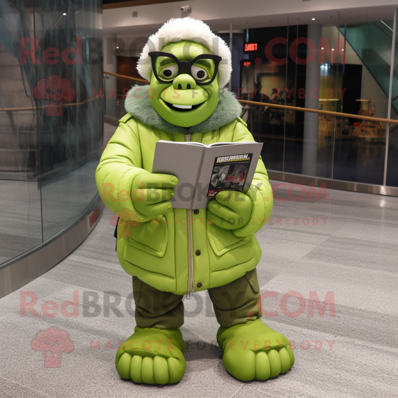 Lime Green Frankenstein mascot costume character dressed with a Parka and Reading glasses Lime Green Frankenstein mascot costume character dressed with a Parka and Reading glasses