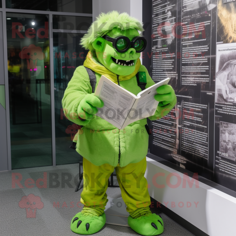 Lime Green Frankenstein mascot costume character dressed with a Parka and Reading glasses