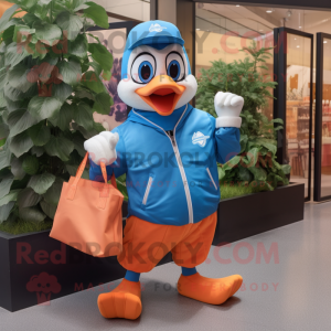 Peach Blue Jay mascot costume character dressed with a Windbreaker and Tote bags