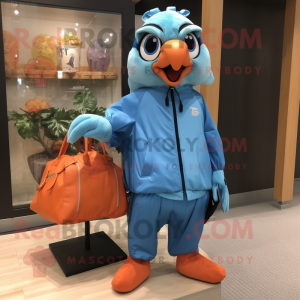 Peach Blue Jay mascot costume character dressed with a Windbreaker and Tote bags