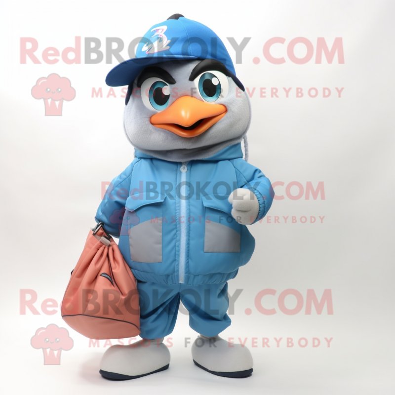 Peach Blue Jay mascot costume character dressed with a Windbreaker and Tote bags