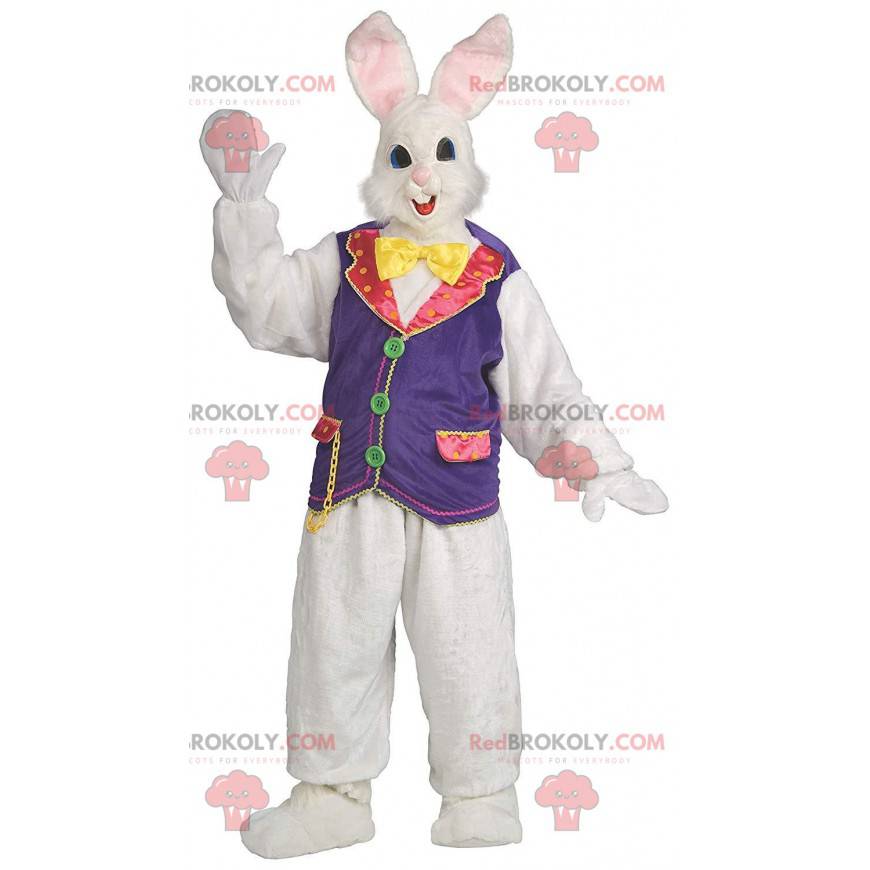 Mascota de conejo con un chaleco colorido, disfraz de conejo