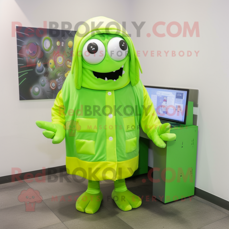 Lime Green Computer mascot costume character dressed with a Raincoat and Scarf clips Lime Green Computer mascot costume character dressed with a Raincoat and Scarf clips
