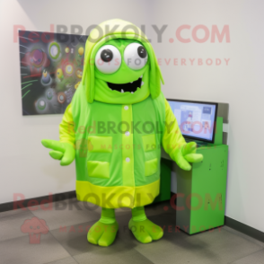 Lime Green Computer mascot costume character dressed with a Raincoat and Scarf clips