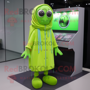Lime Green Computer mascot costume character dressed with a Raincoat and Scarf clips