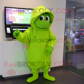 Lime Green Computer mascot costume character dressed with a Raincoat and Scarf clips