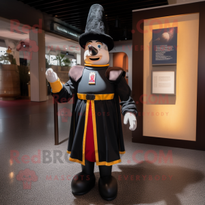 Black Swiss Guard mascot costume character dressed with a Midi Dress and Tie pins