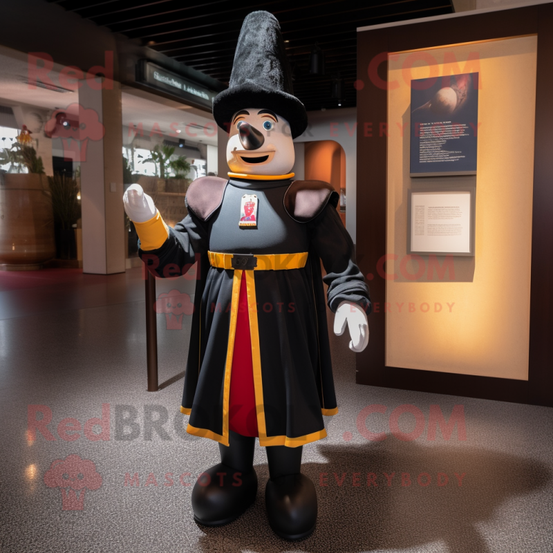 Black Swiss Guard mascot costume character dressed with a Midi Dress and Tie pins