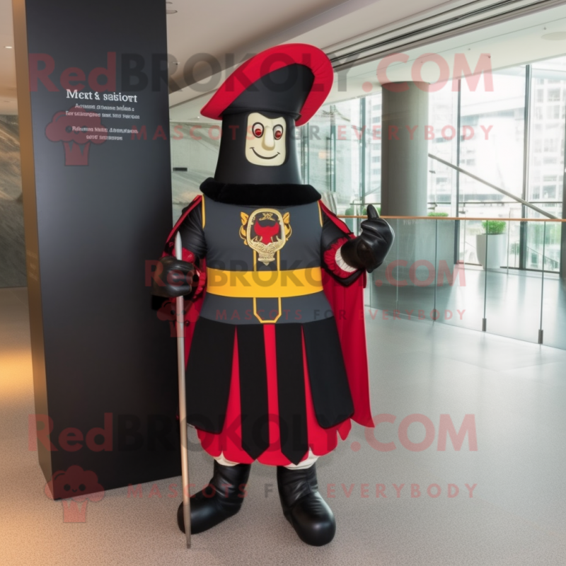 Black Swiss Guard mascot costume character dressed with a Midi Dress and Tie pins Black Swiss Guard mascot costume character dressed with a Midi Dress and Tie pins