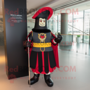 Black Swiss Guard mascot costume character dressed with a Midi Dress and Tie pins